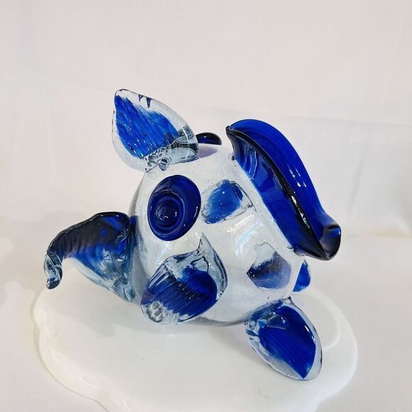 Blue Clear Hand Blown Art Glass Open Mouth Fish Vase Bowl Center Piece BEAUTIFUL - Picture 2 of 10